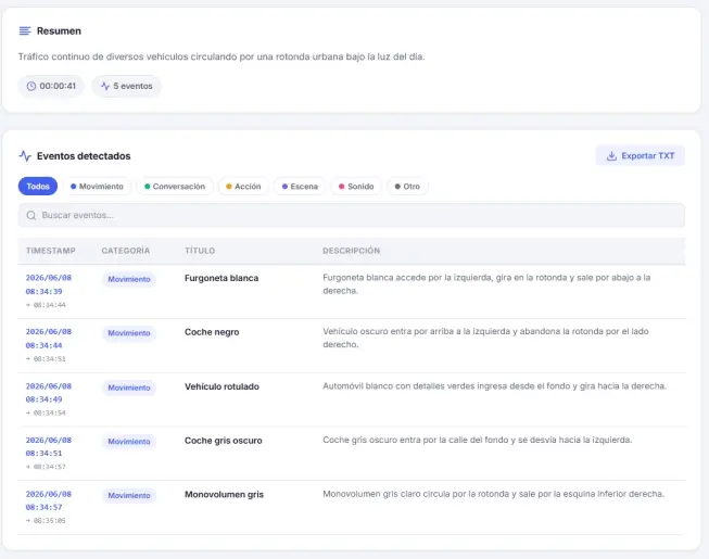 Panel de resultados del analizador de vídeo SENTINELA